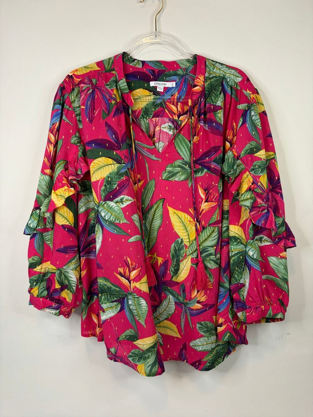Chico's Pink Floral Print Ruffle 3/4 Sleeve Blouse Size 3 US 16 Tassel Botanical